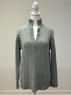 L.L.Bean 100% Cotton Cable Knit Stand Collar V-Neck Sweater Size L Grey/Gray